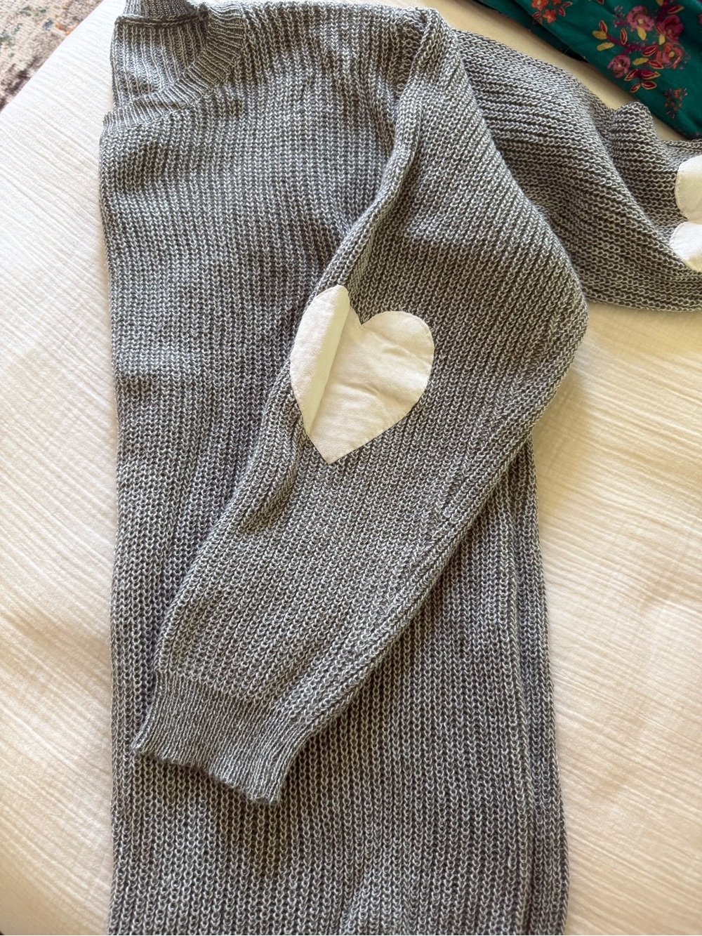 Gray Women's Knit Sweater with White Heart Elbow Patch